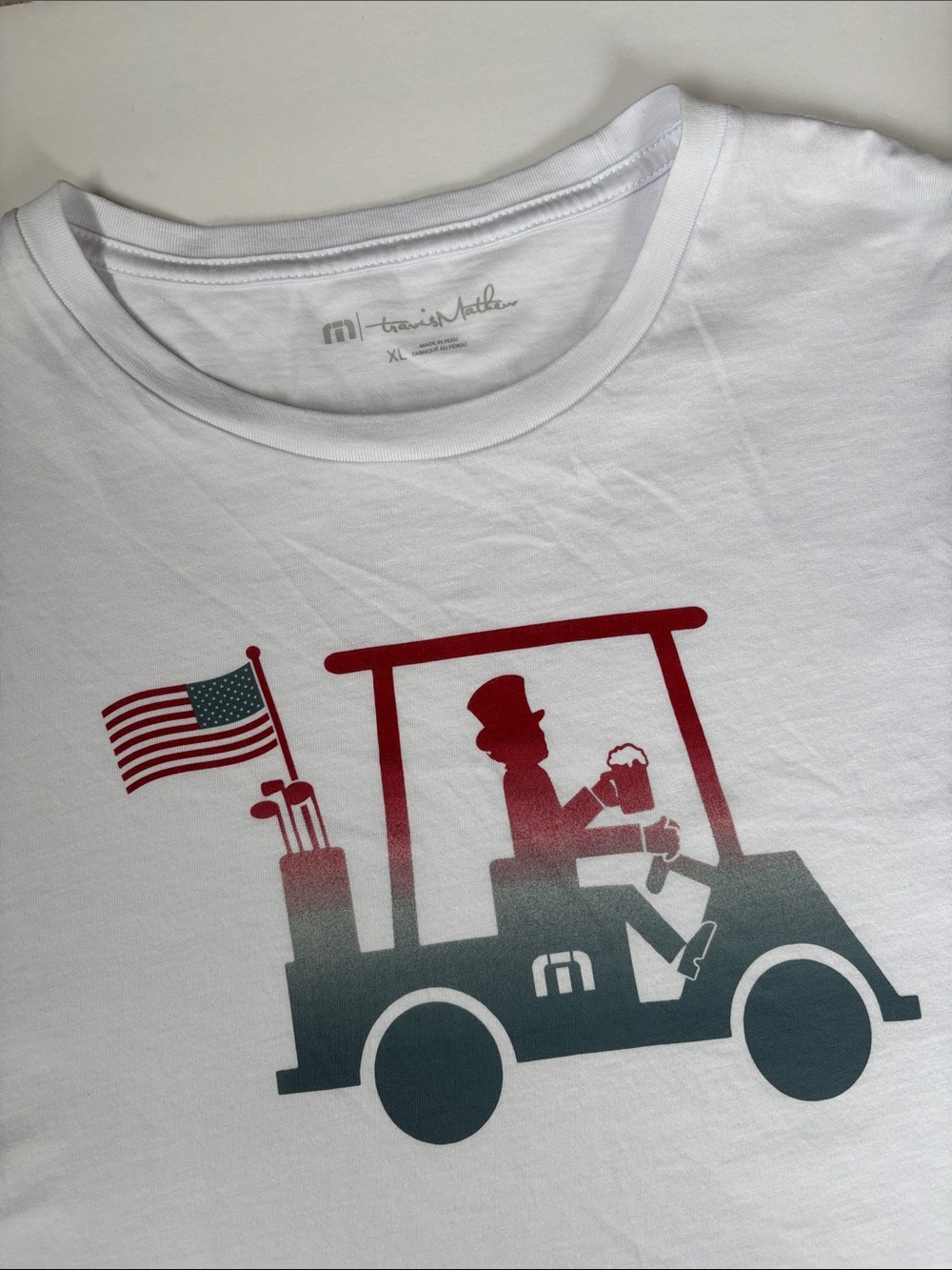 Travis Mathew USA 4th July Golf Cart Flag White Beer Patriotic Tshirt Mens XL